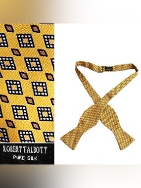 🟨Robert Talbott Yellow Geometric Silk Self-Tie Bow Tie with Tan & Black Accents